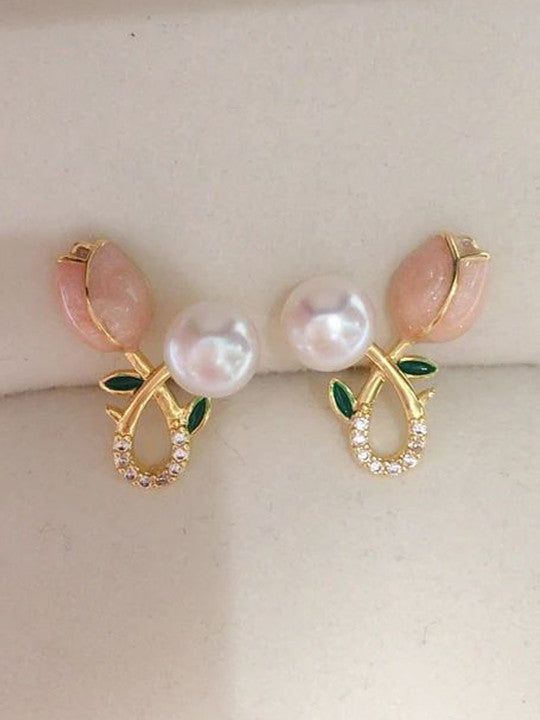 Silver Pearl Tulip Flower Earrings