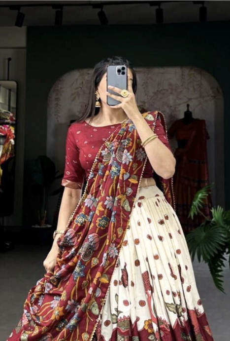 Printed Semi Stitched Lehenga Choli - White & Red