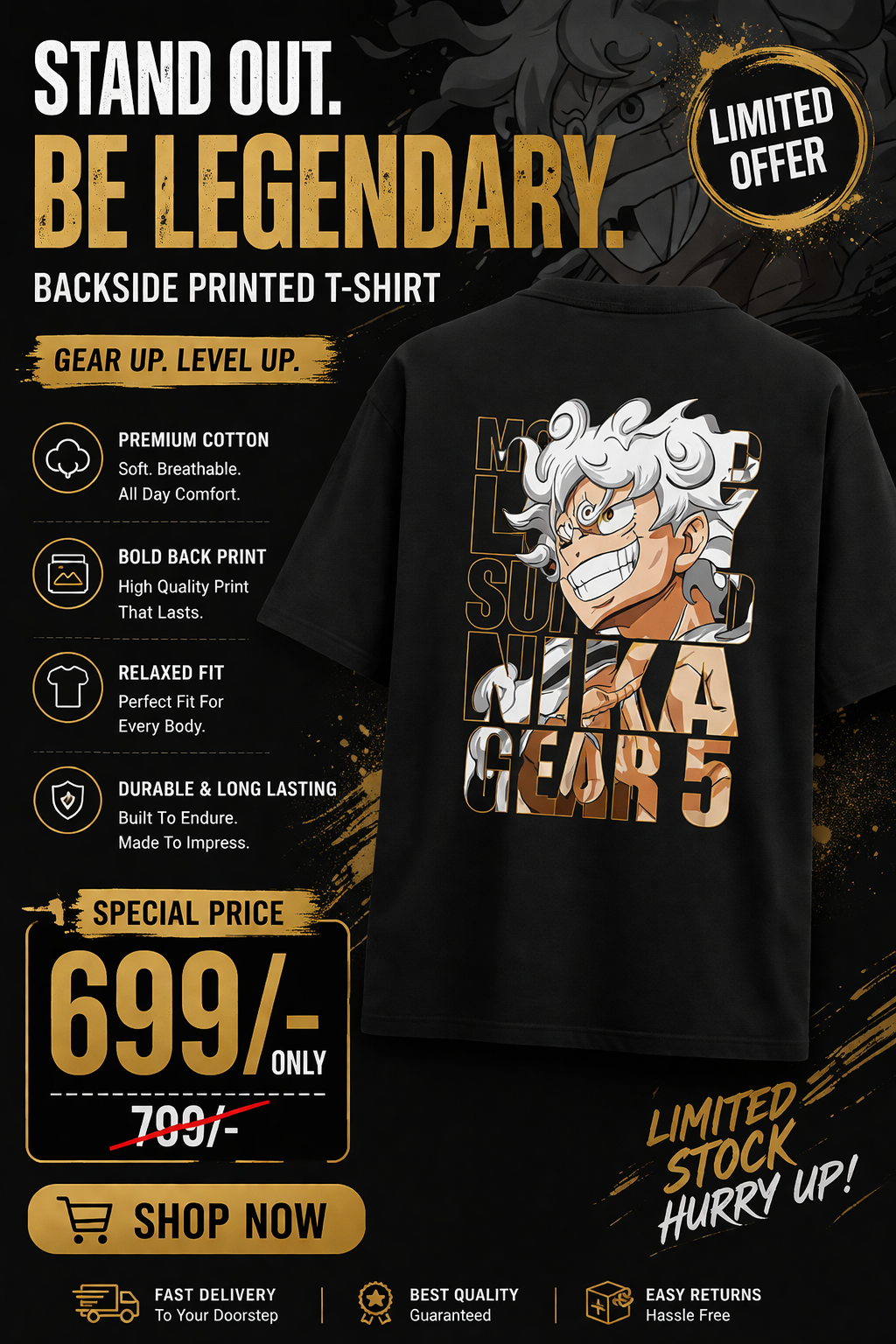 Monkey D. Luffy Gear 5 Oversized Drop-Shoulder T-Shirt — 100% Cotton, 260 GSM