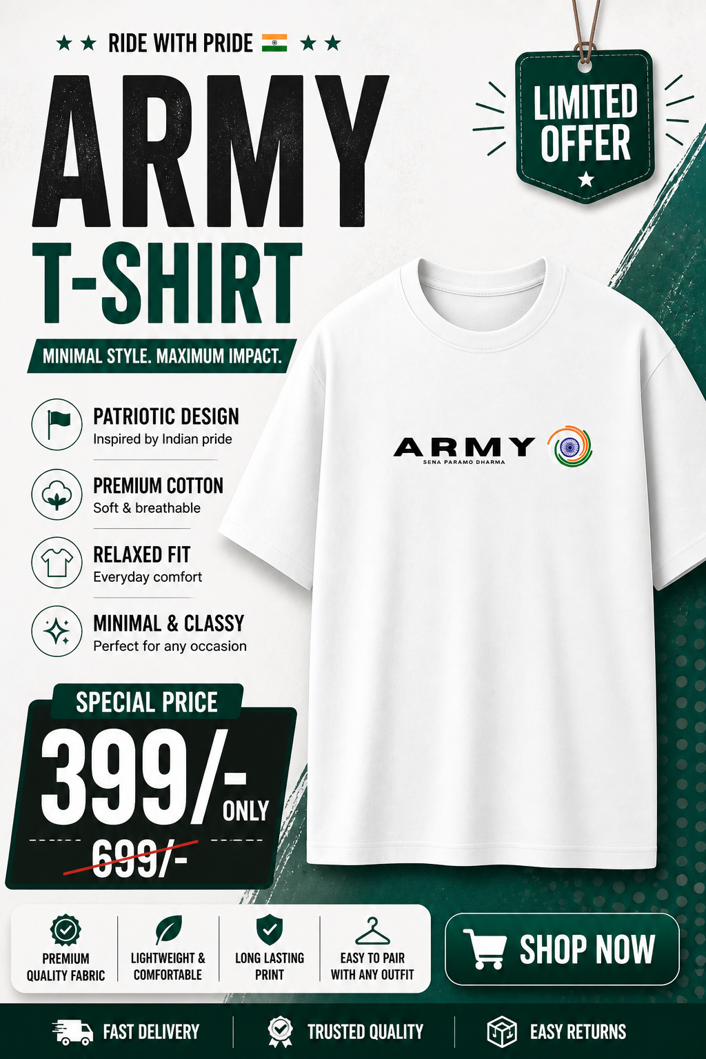 Indian Army Tribute Oversized Graphic T-Shirt — Bold Military Print, 100% Cotton