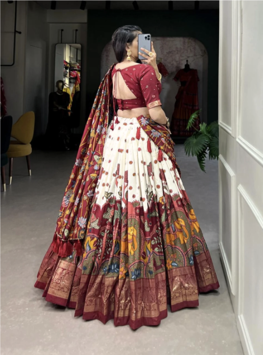 Printed Semi Stitched Lehenga Choli - White & Red