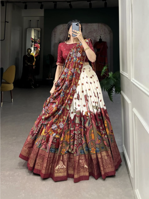 Printed Semi Stitched Lehenga Choli - White & Red