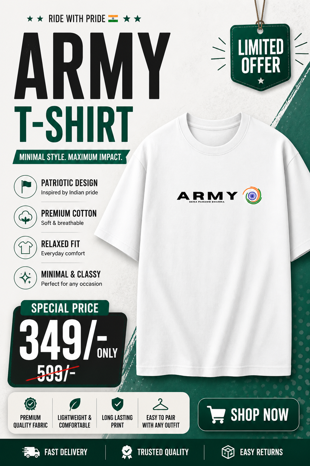 Indian Army Tribute Graphic T-Shirt 180 GSM— Bold Military Print, 100% Cotton