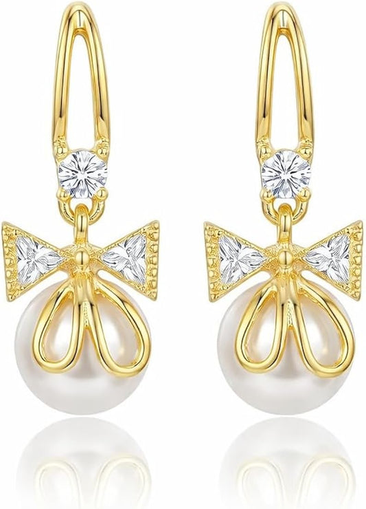 Bow and Pearl Stud Drop Earrings