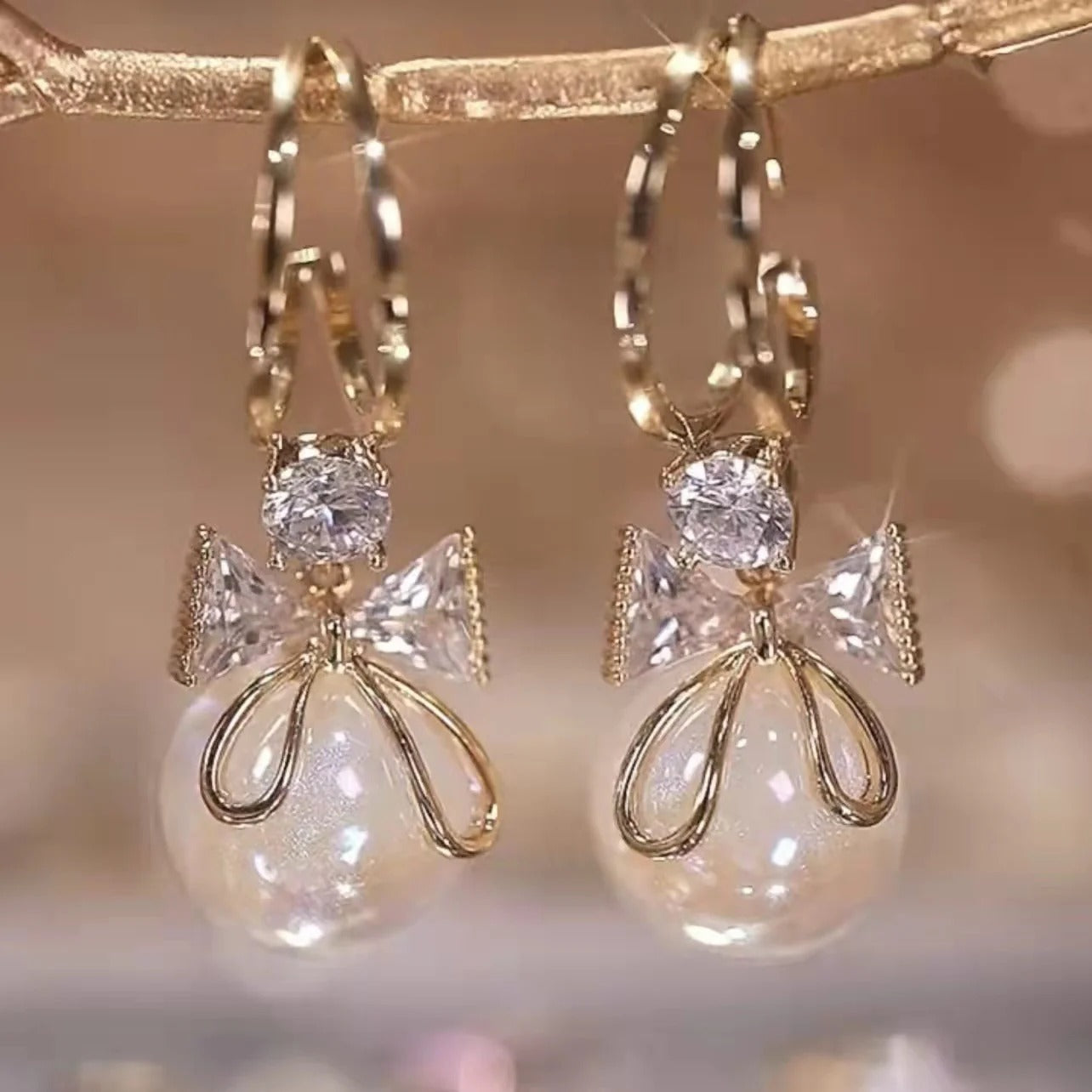 Bow and Pearl Stud Drop Earrings