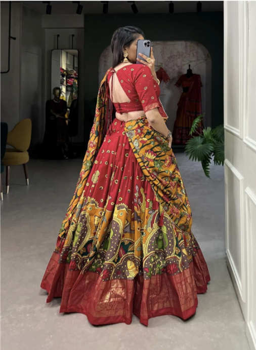 Printed Semi Stitched Lehenga Choli - RED