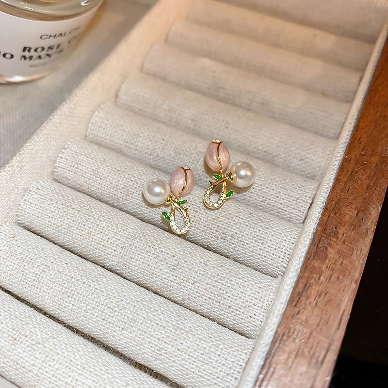 Silver Pearl Tulip Flower Earrings