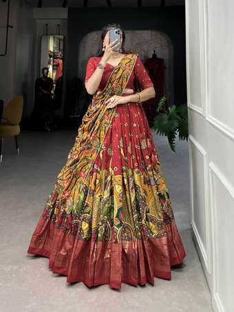 Printed Semi Stitched Lehenga Choli - RED