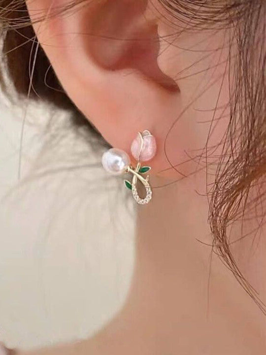 Silver Pearl Tulip Flower Earrings